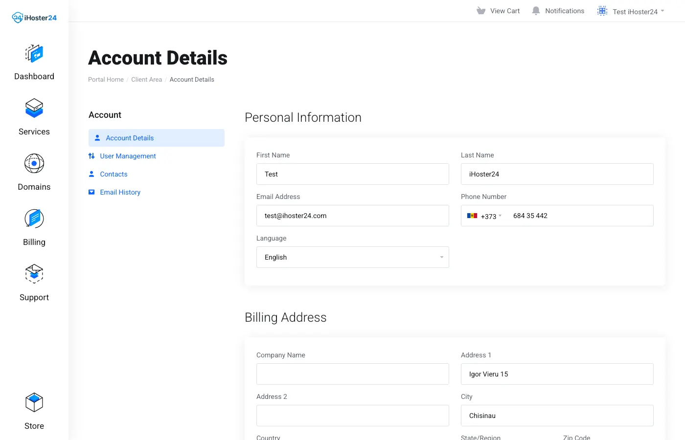 Client Area Account Details form