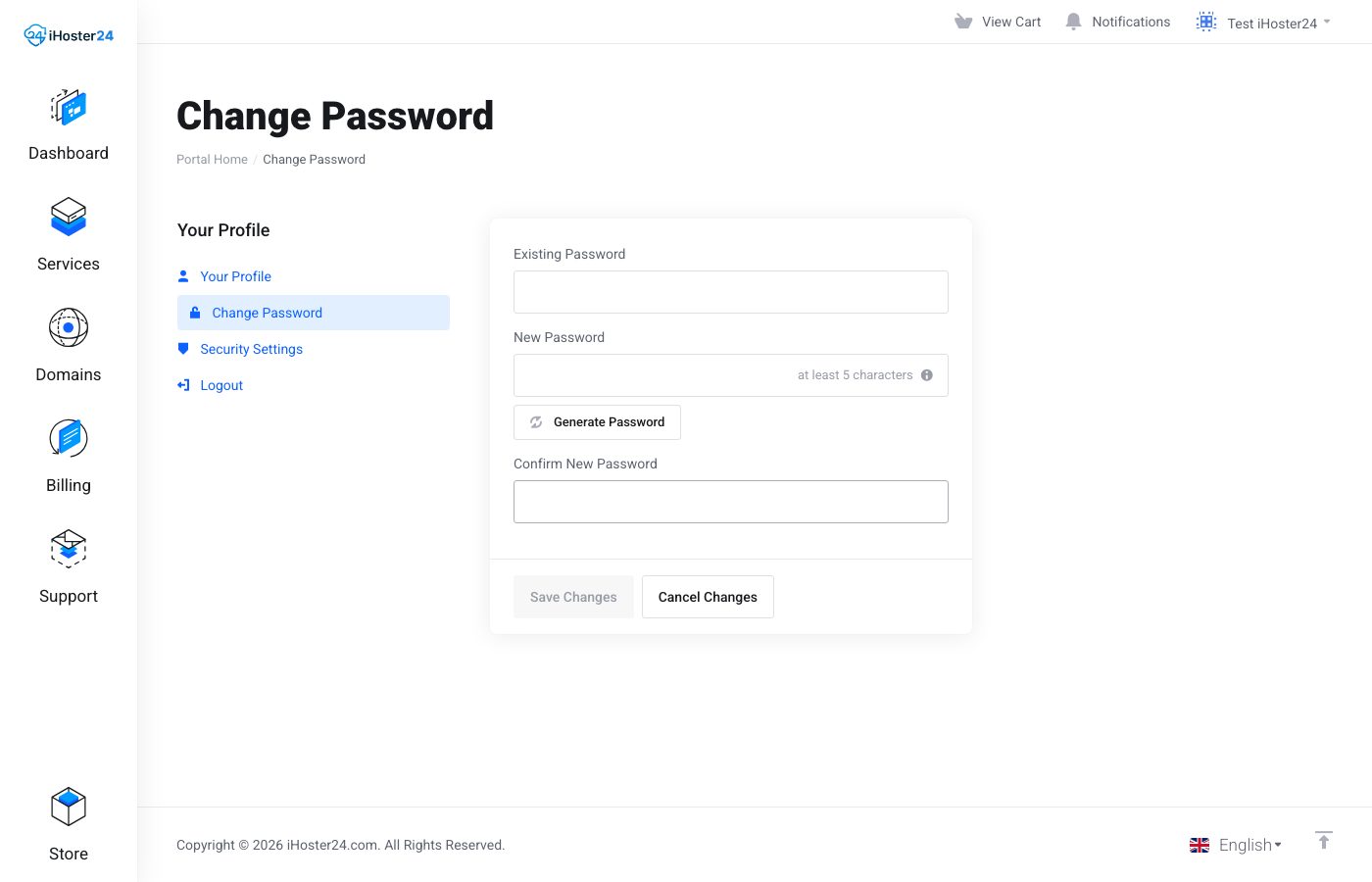 Client Area Change Password form
