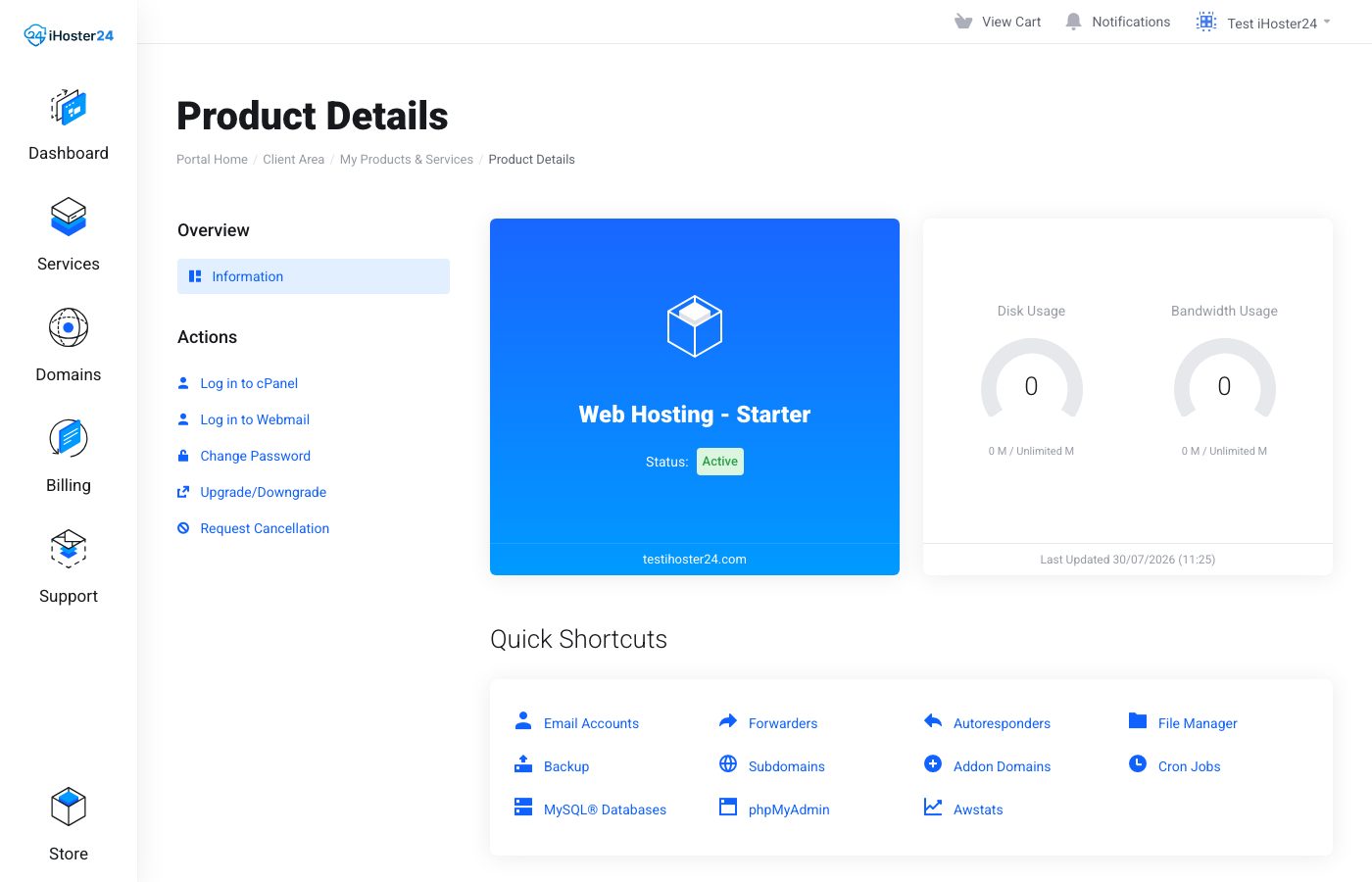 Hosting product Actions menu showing Upgrade/Downgrade