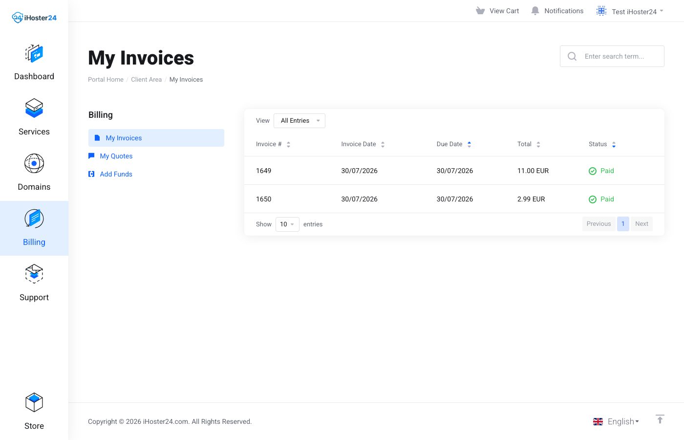 My Invoices list in Client Area