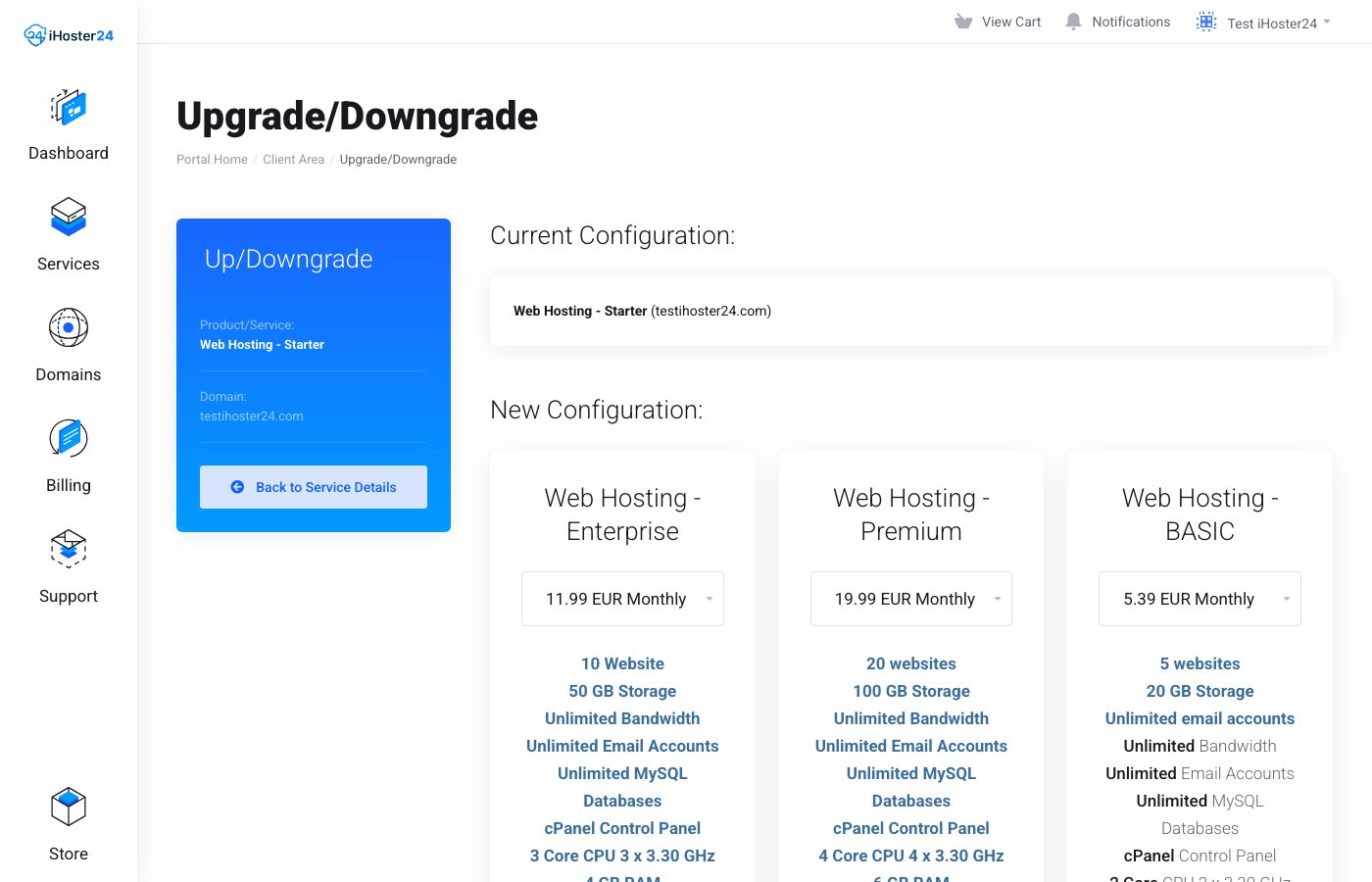 Upgrade/Downgrade package selection page