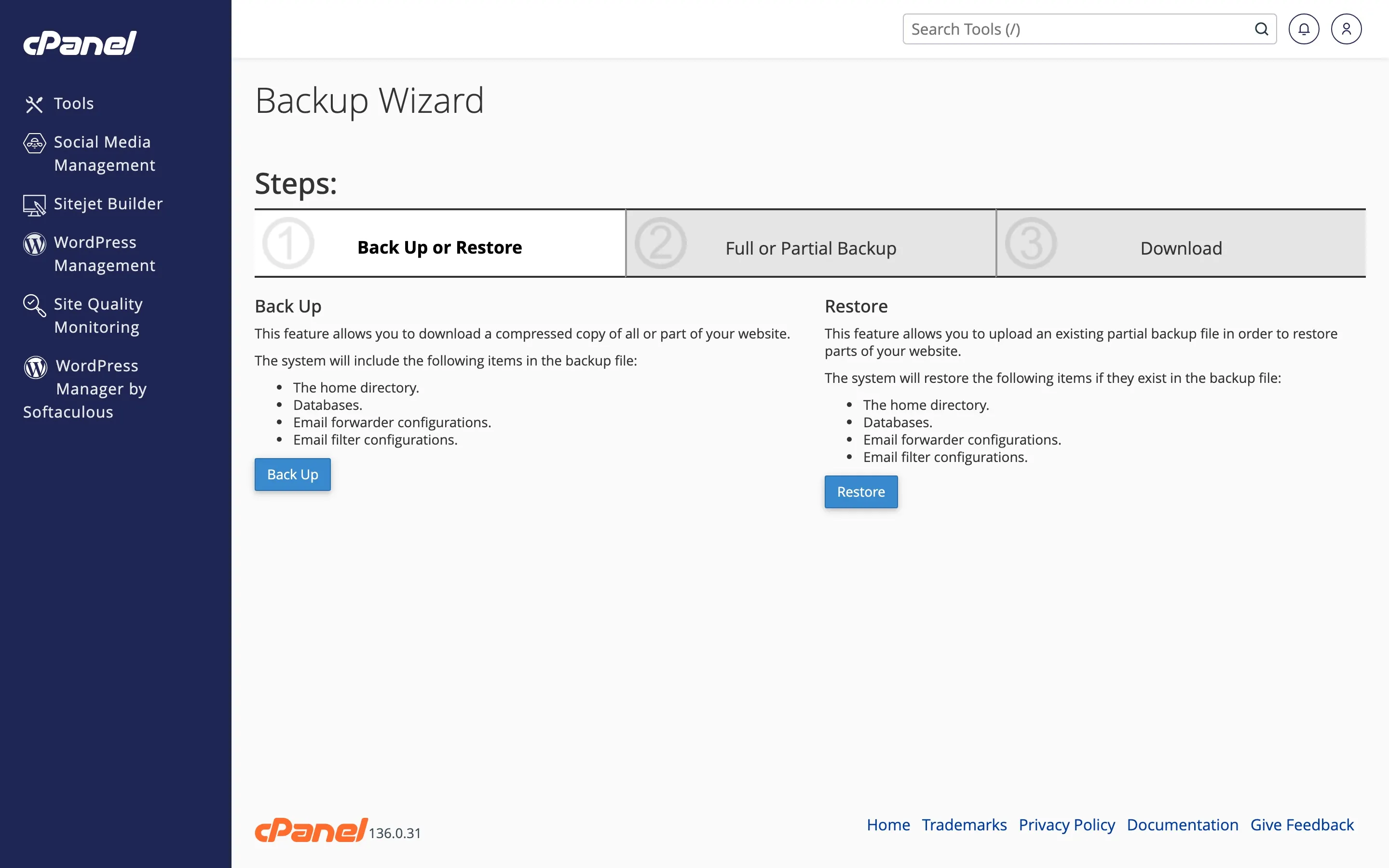 cPanel Backup Wizard for step-by-step backups