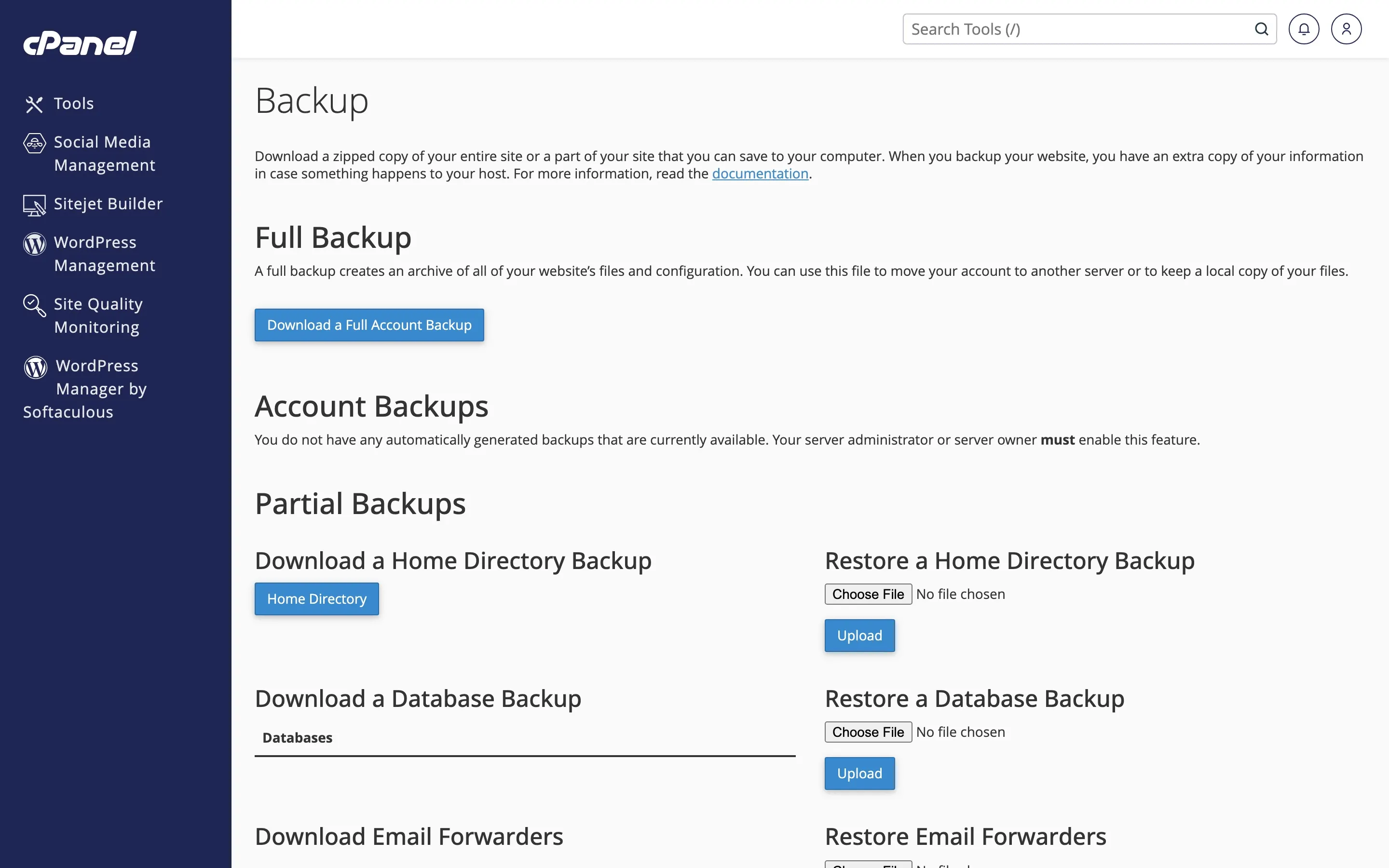 cPanel Backup page