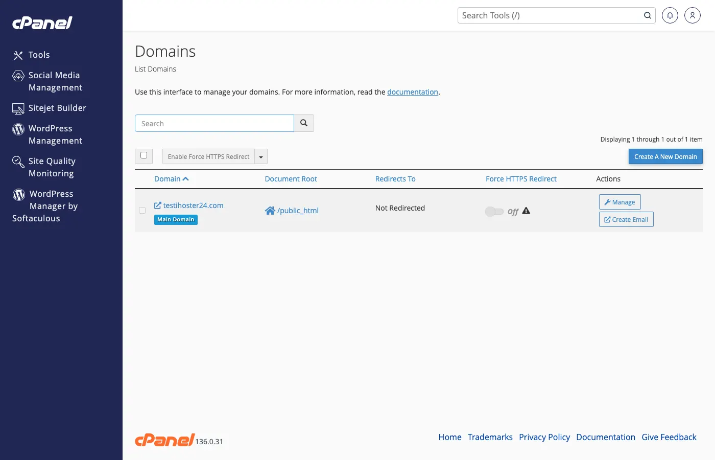 cPanel Domains page for managing domains and subdomains