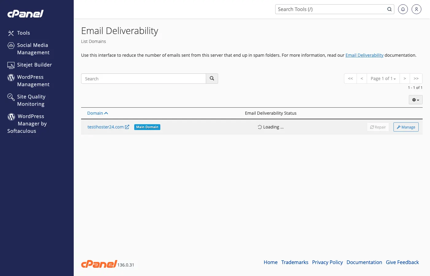 cPanel Email Deliverability showing SPF and DKIM status