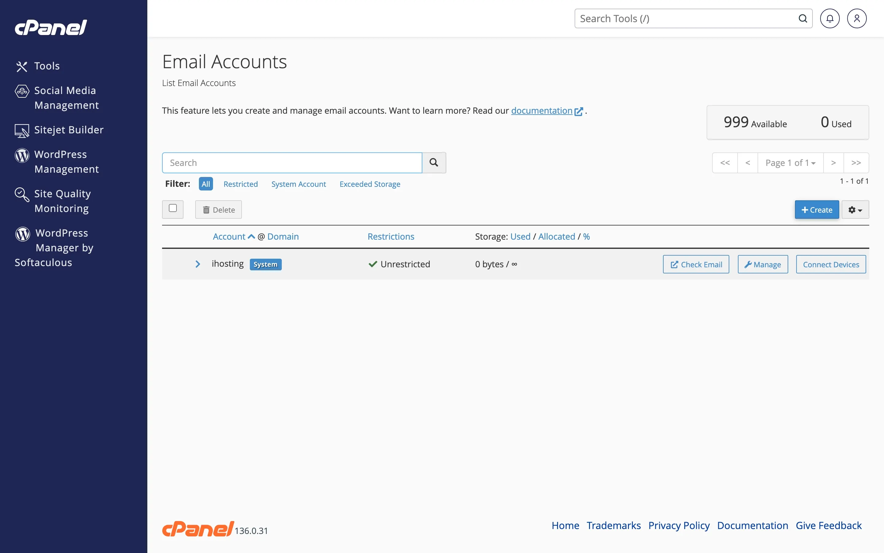 cPanel Email Accounts page to create and manage addresses