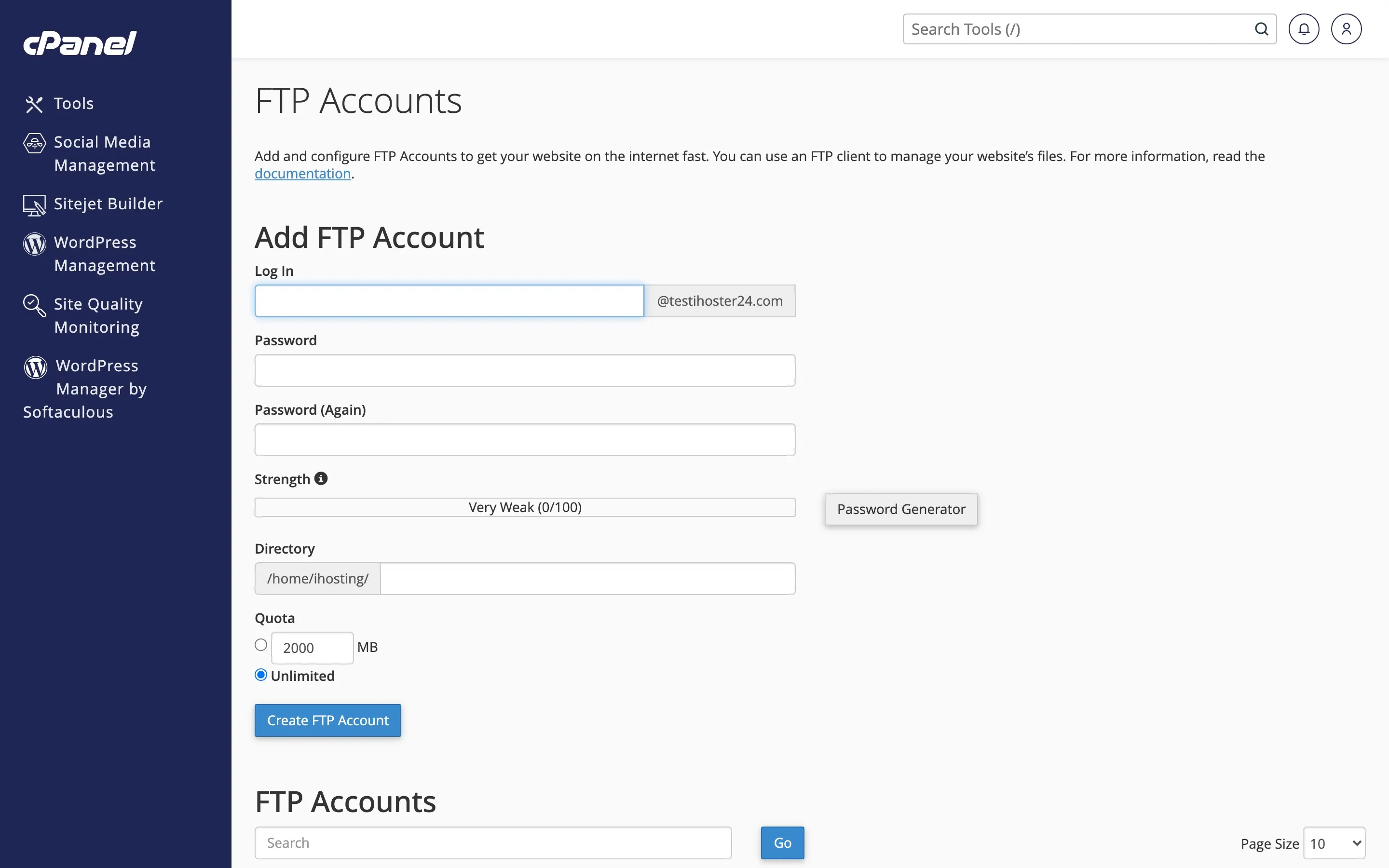 cPanel FTP Accounts page to add and configure FTP users