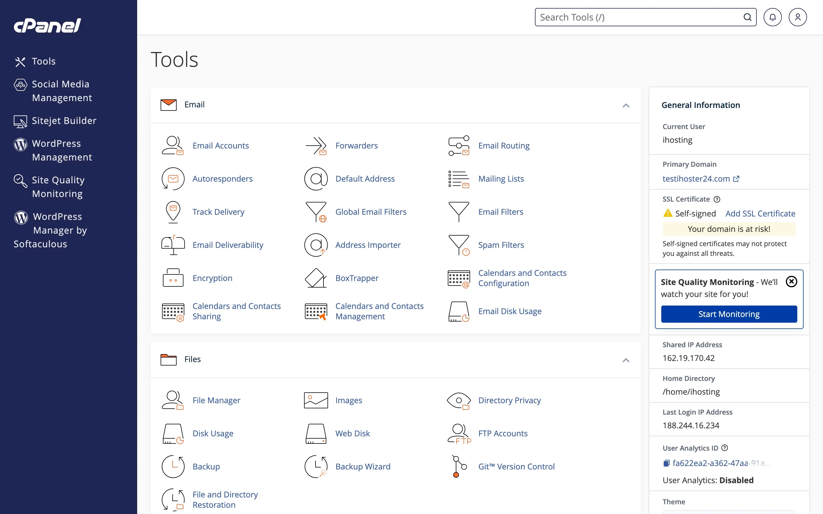 cPanel Tools home showing Files, Databases, Email, and other sections