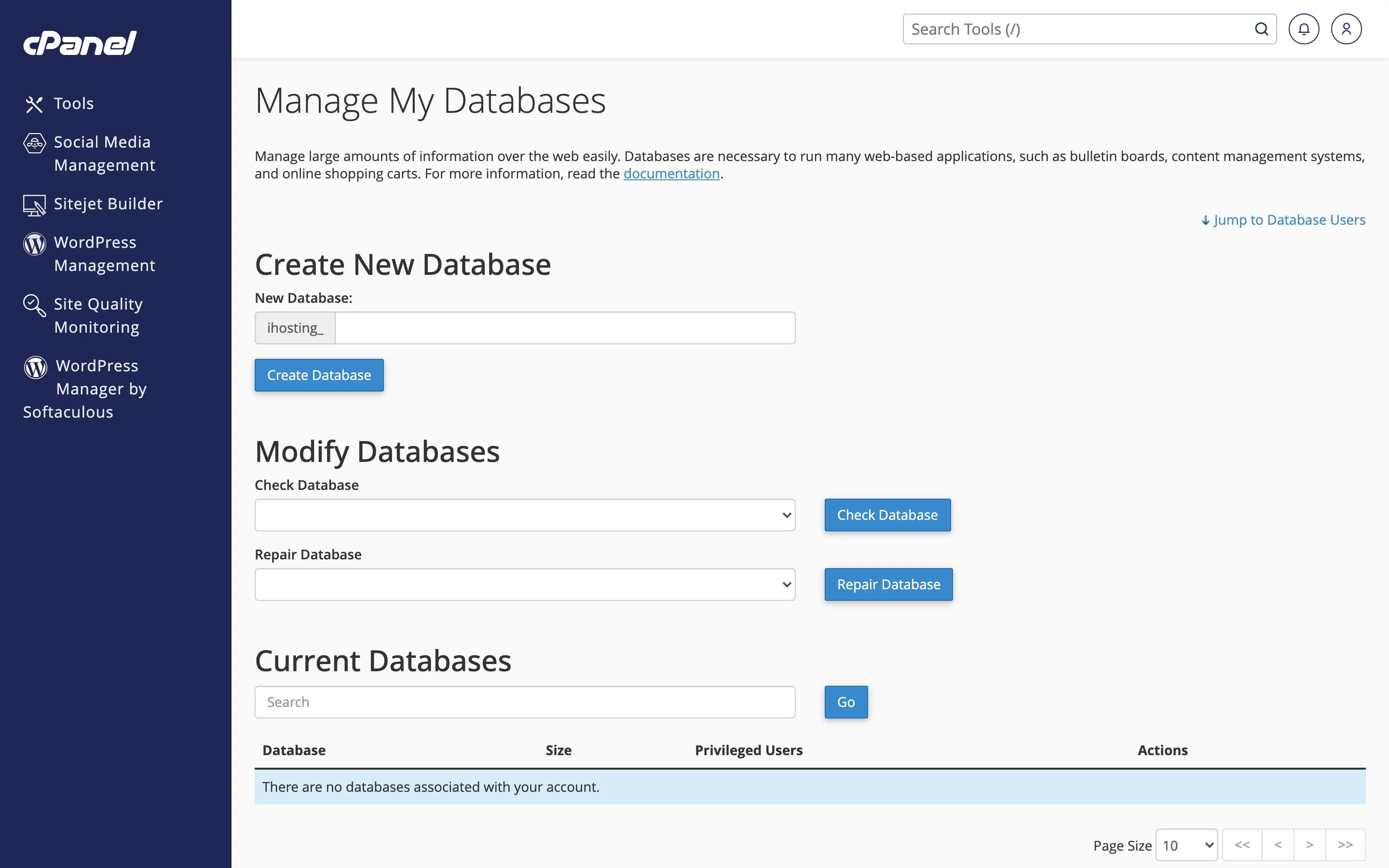 cPanel MySQL Databases for checking WordPress database credentials