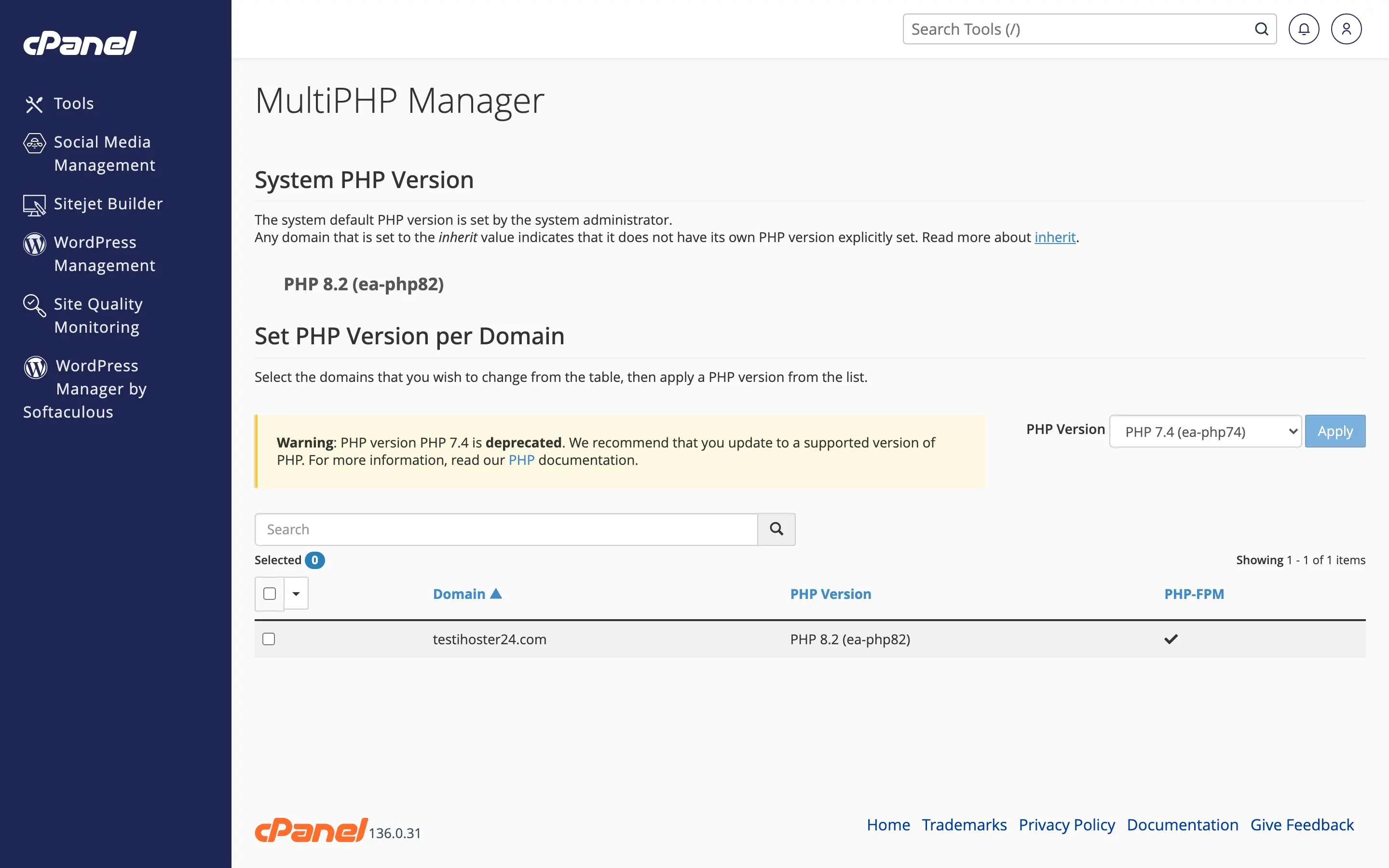 cPanel MultiPHP Manager