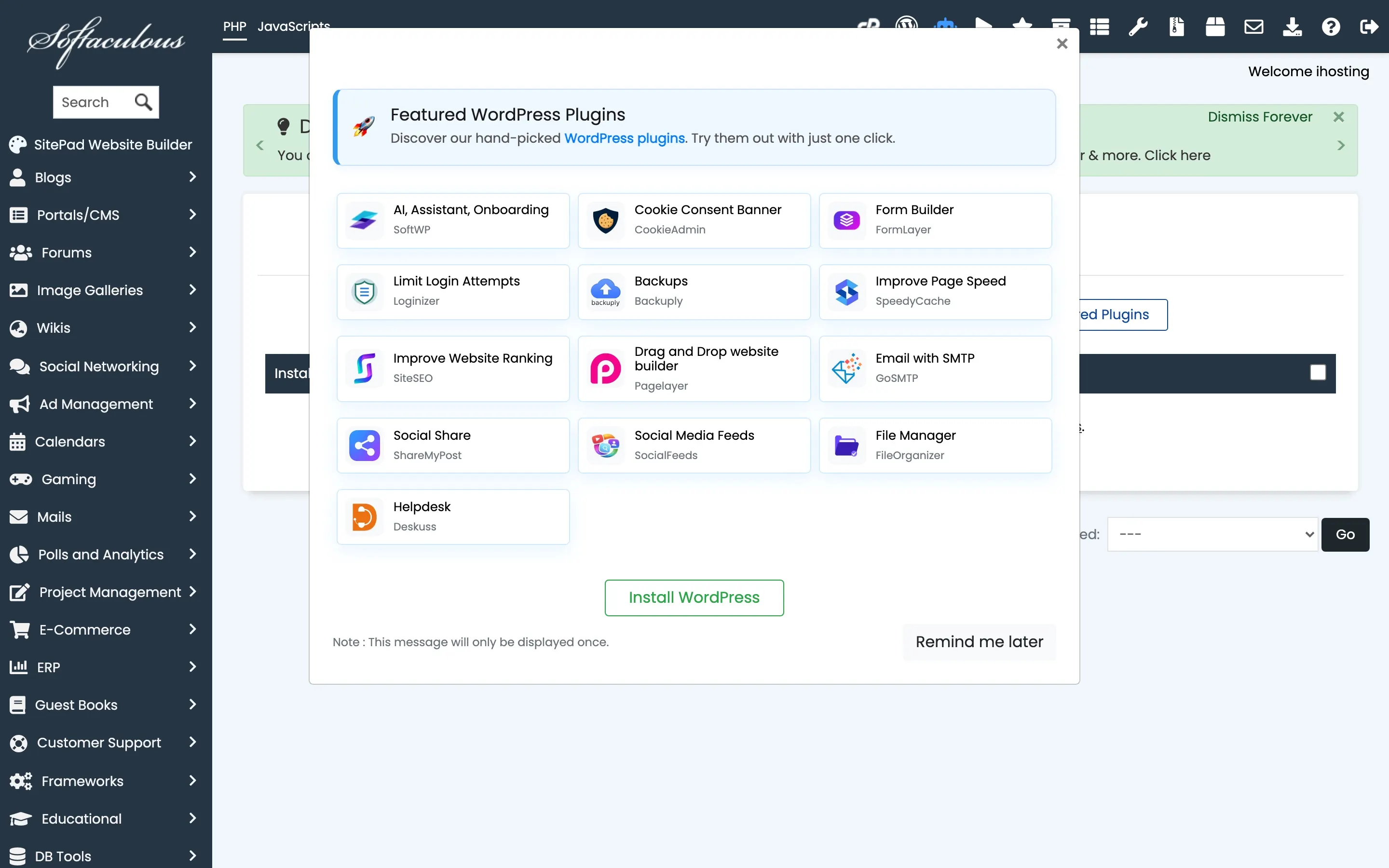 Softaculous Apps Installer in cPanel showing WordPress and other scripts