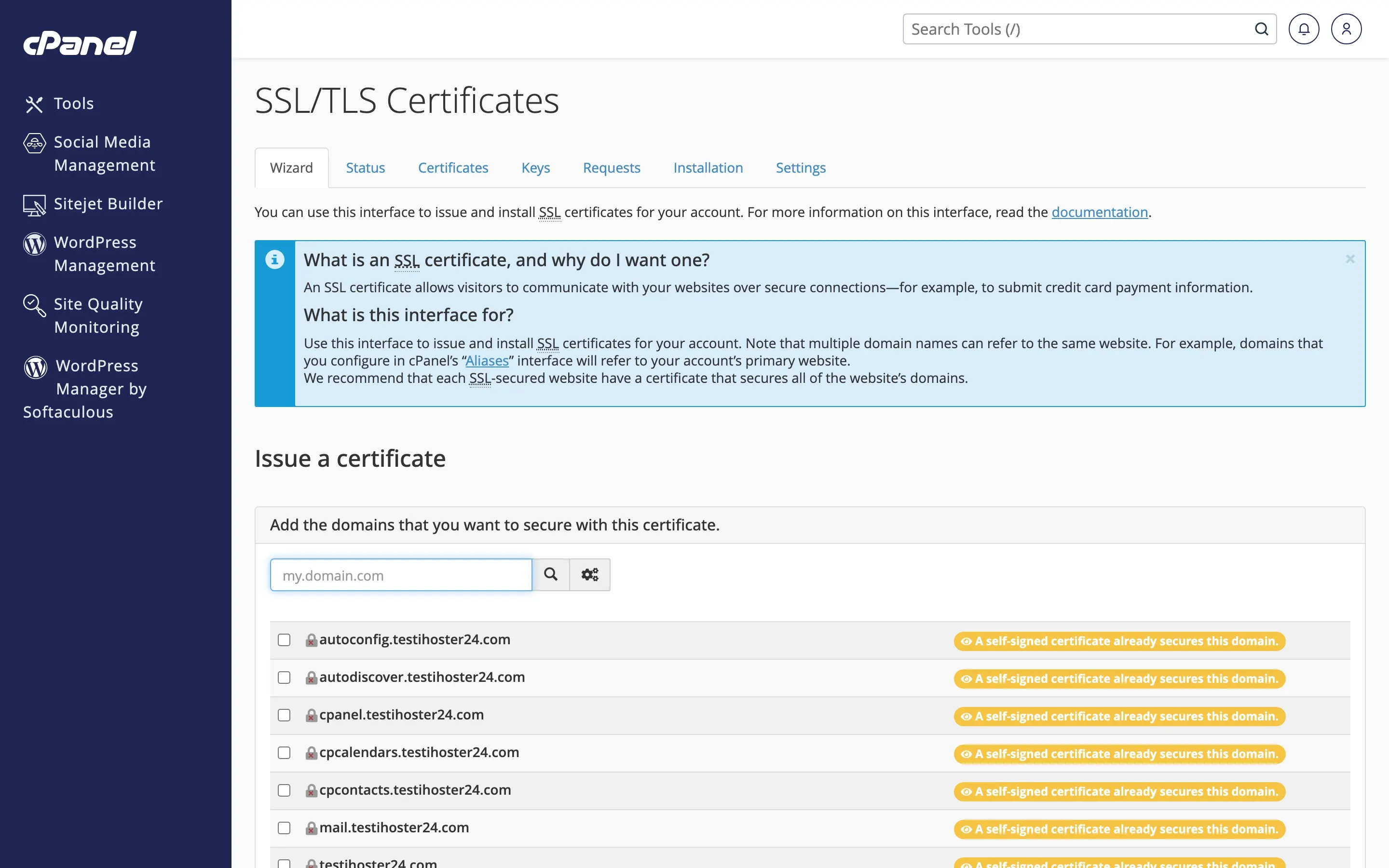 cPanel SSL/TLS Certificates wizard