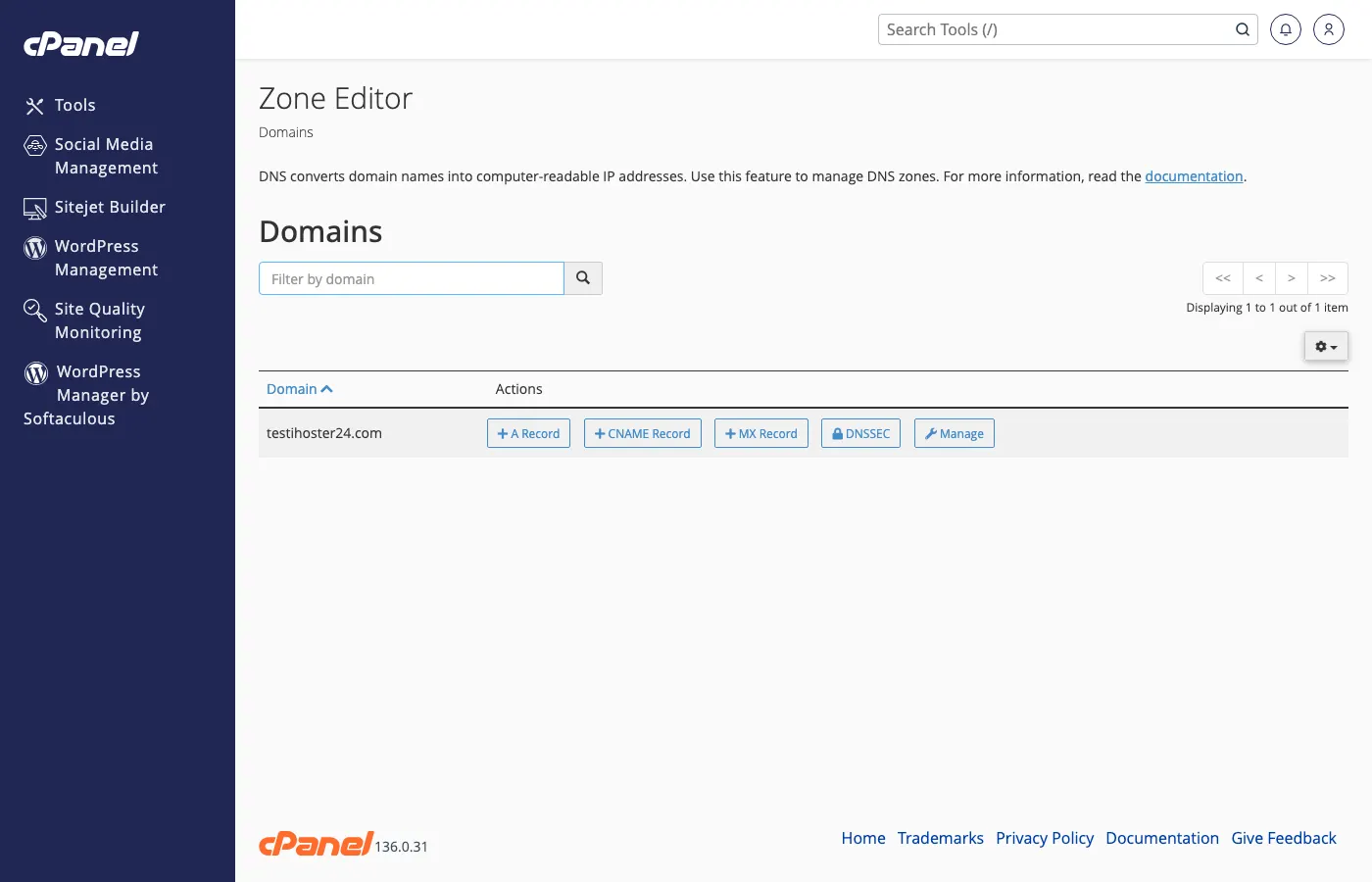 cPanel Zone Editor listing DNS records