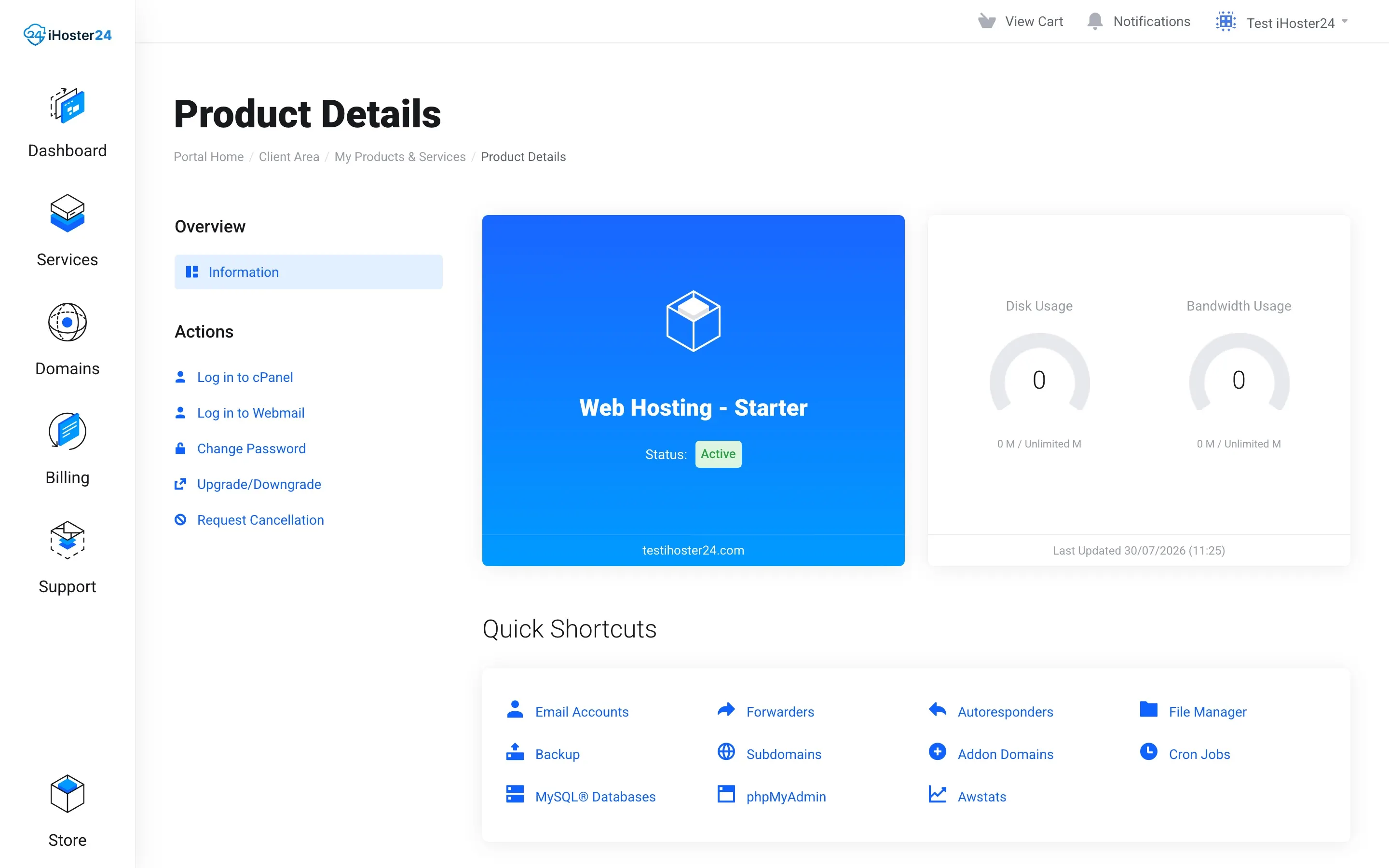 Web hosting product details in Client Area with Log in to cPanel and Quick Shortcuts