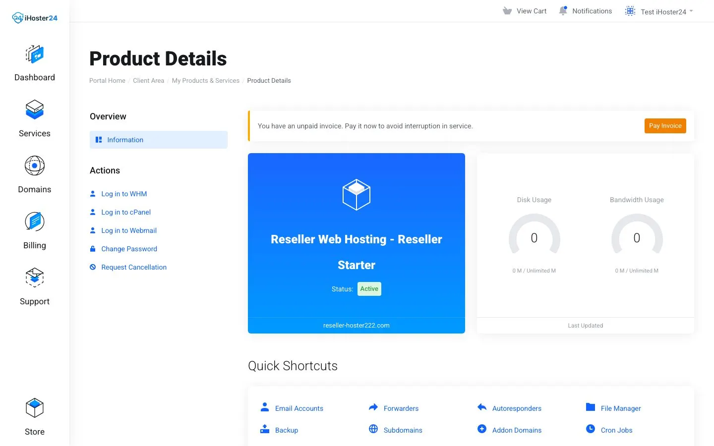 Reseller product details with Log in to WHM and Log in to cPanel