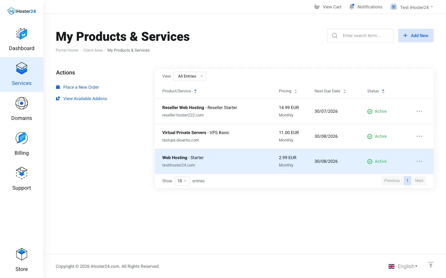 My Products and Services listing an active Reseller plan