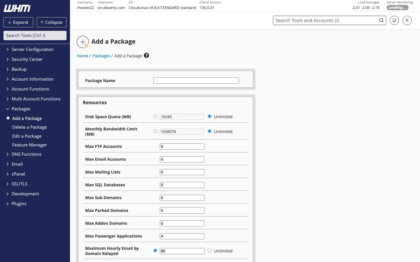 WHM Add a Package form