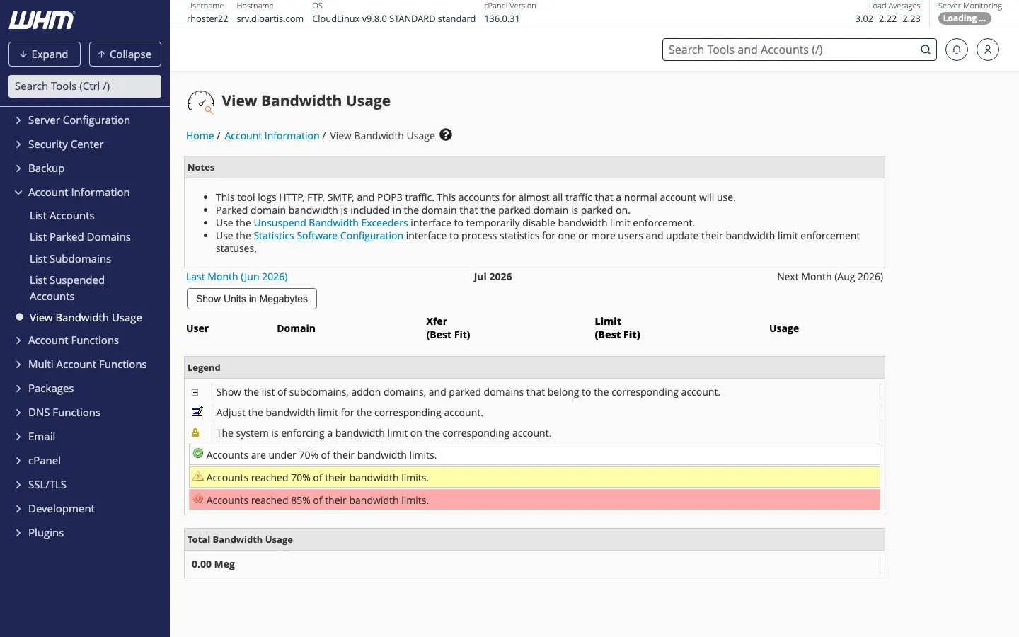 WHM View Bandwidth Usage