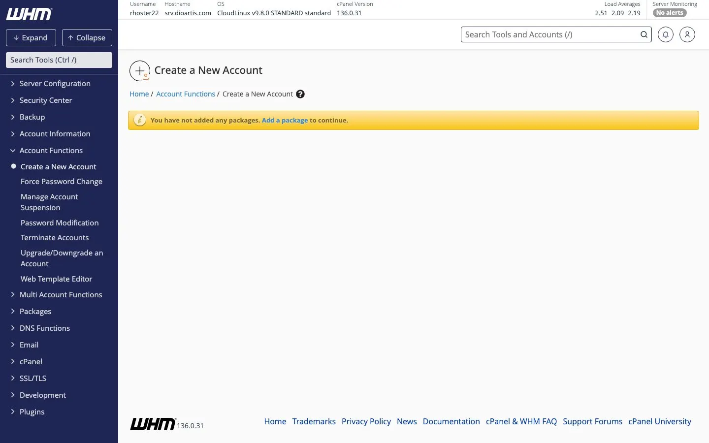 WHM Create a New Account form