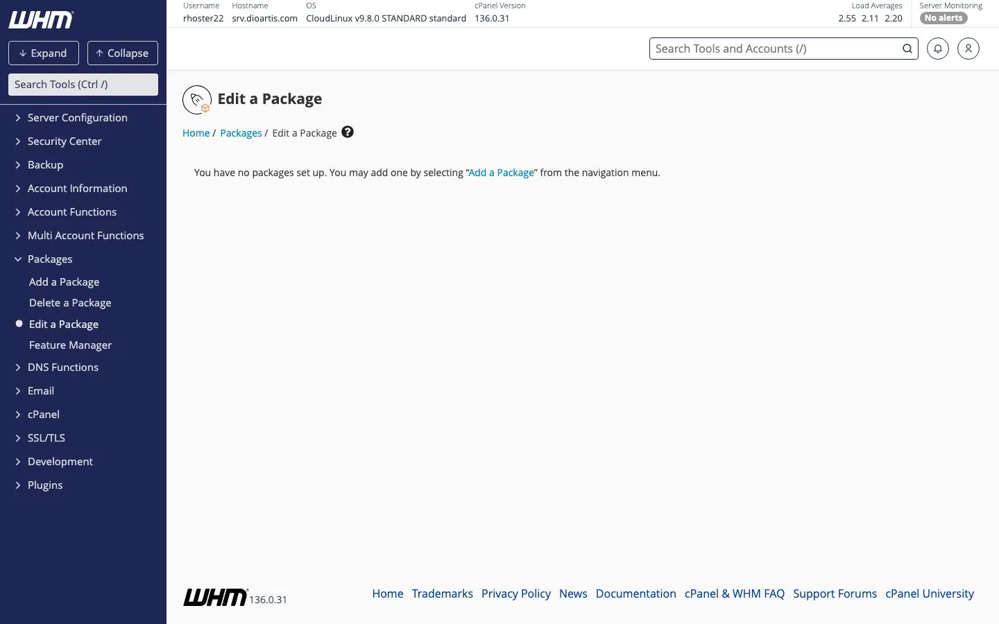 WHM Edit a Package list