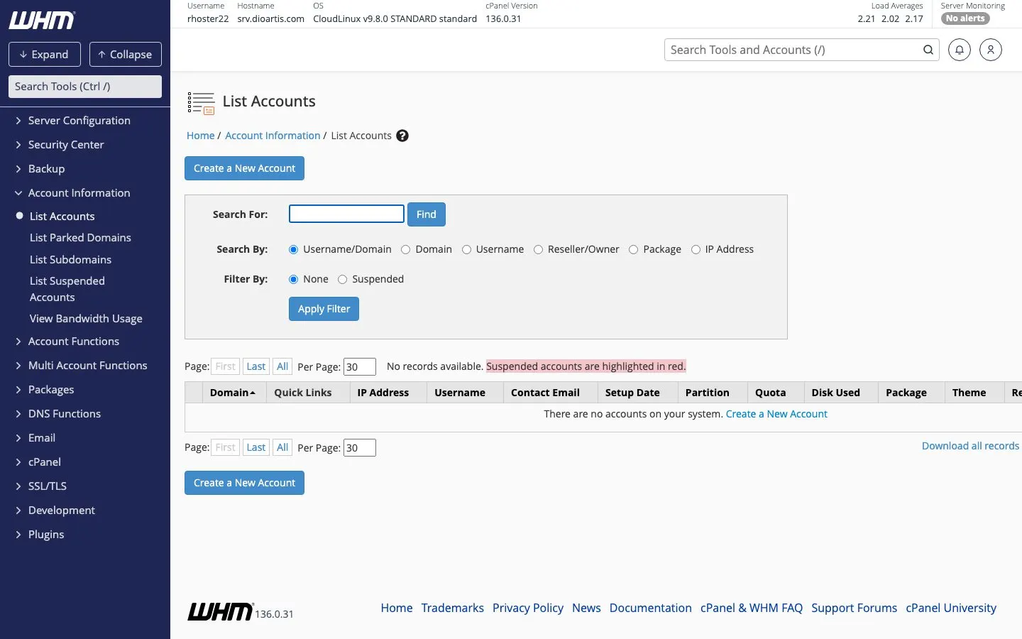 WHM List Accounts page