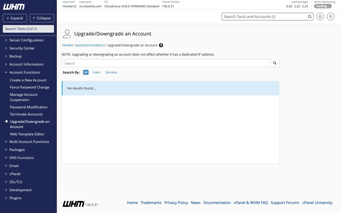 WHM Upgrade or Downgrade an Account