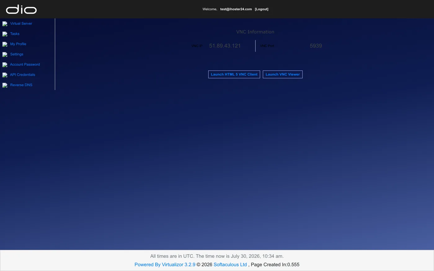 VNC Information page with Launch HTML 5 VNC Client button