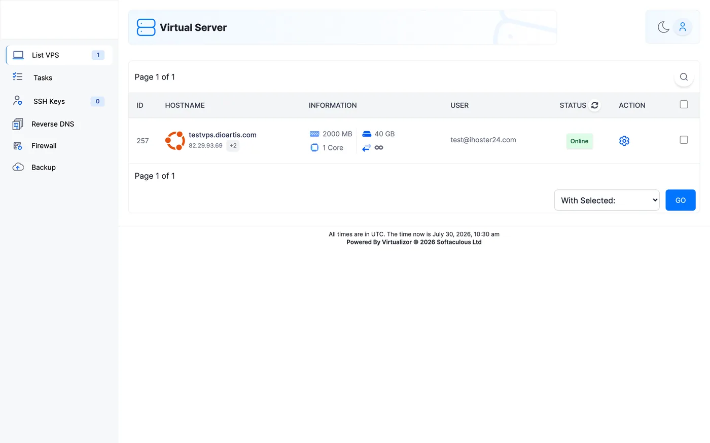 Virtualizor Enduser Panel services list