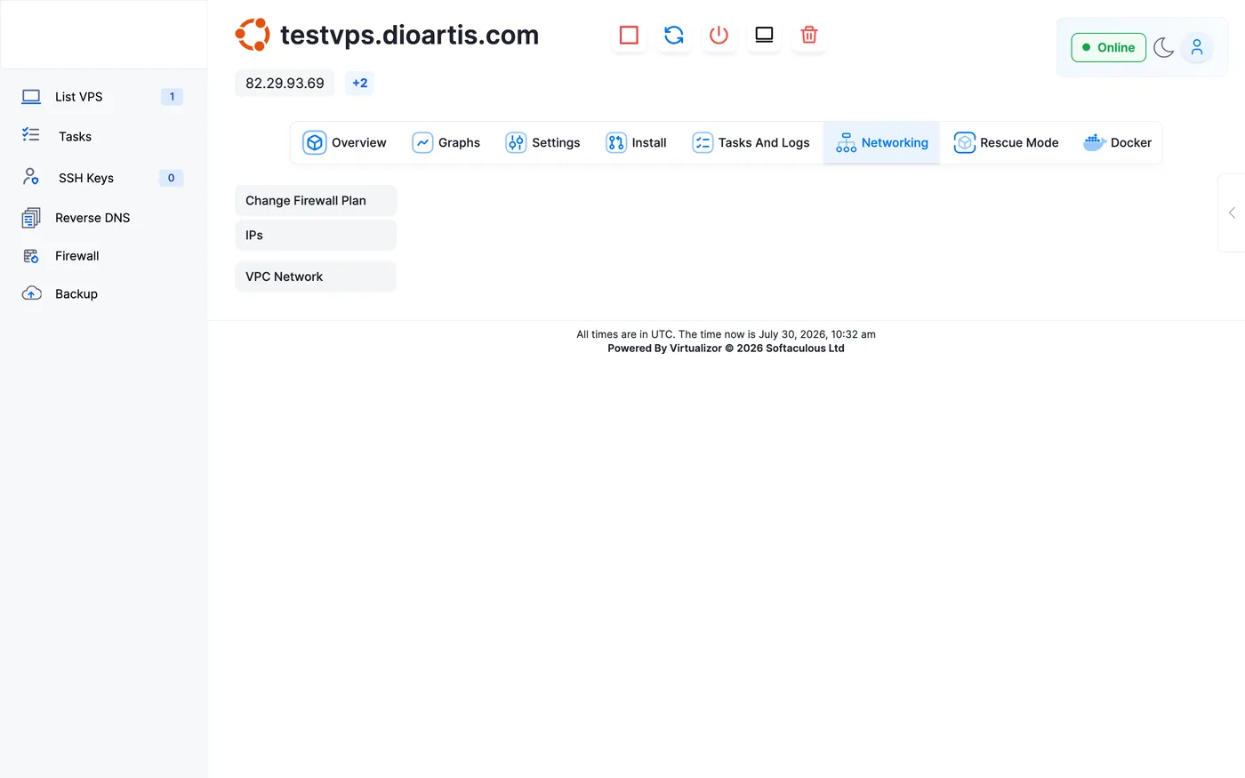 Networking tab in Virtualizor Enduser Panel