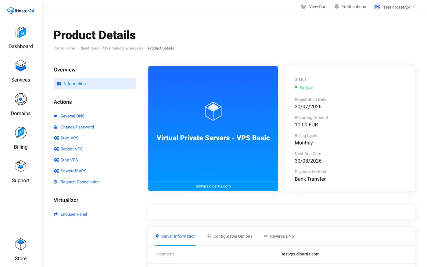 VPS product details page in Client Area with Actions and Server Information