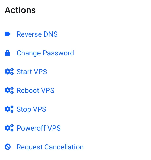 VPS Actions menu with Reverse DNS, Change Password, Start, Reboot, Stop, and Poweroff