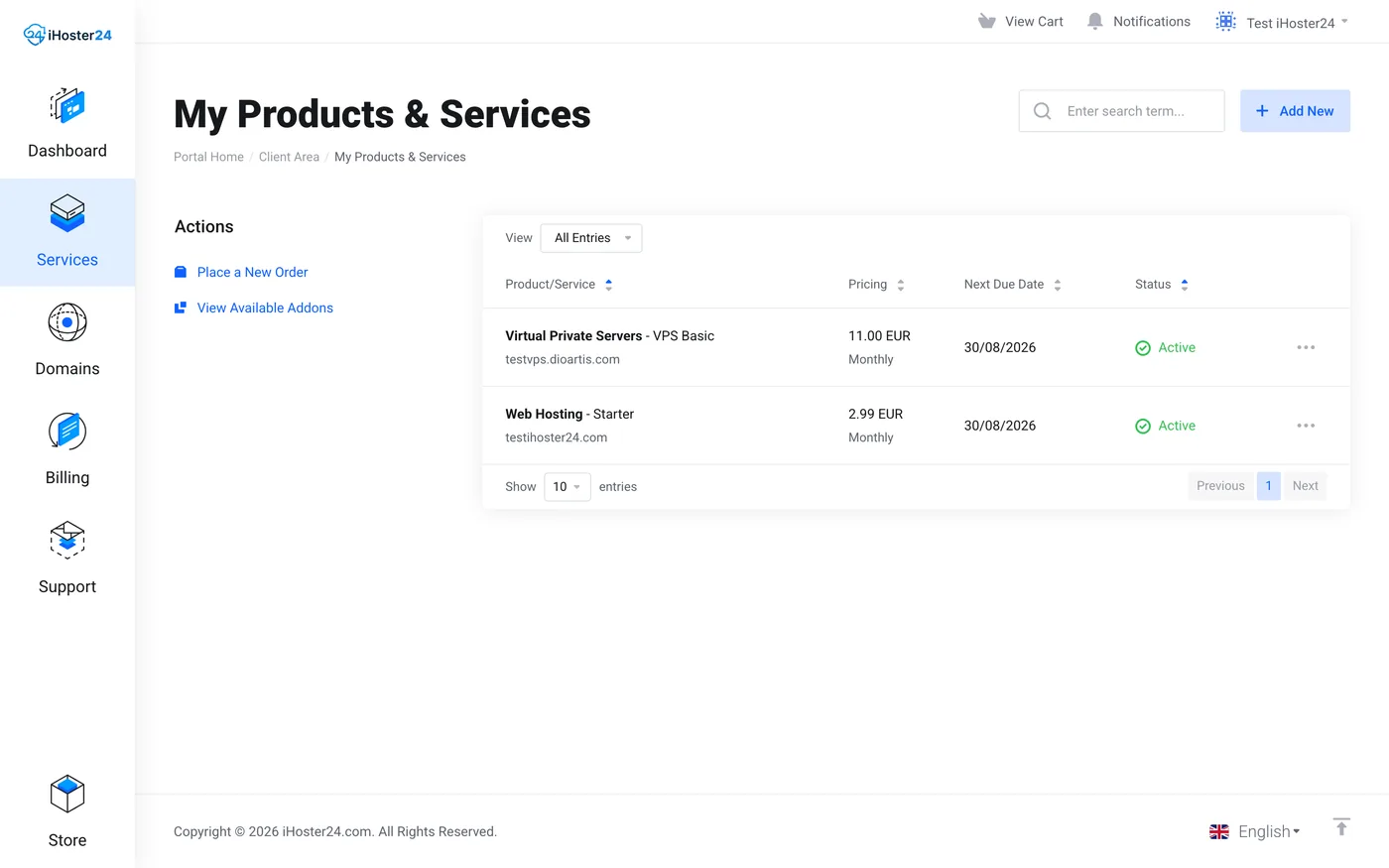 My Products and Services list showing an active VPS in iHoster24 Client Area