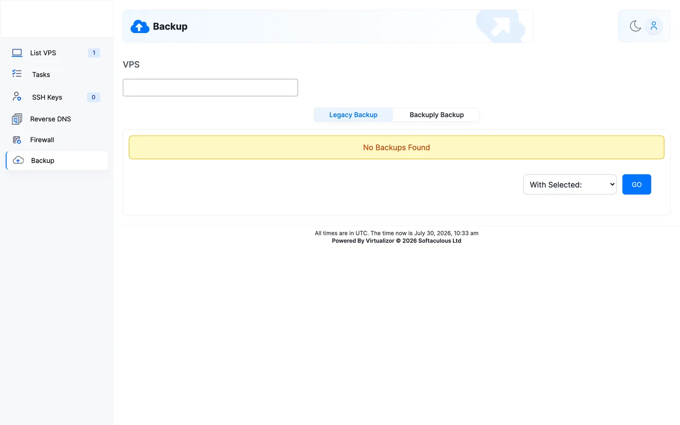 Virtualizor Backup page in Enduser Panel